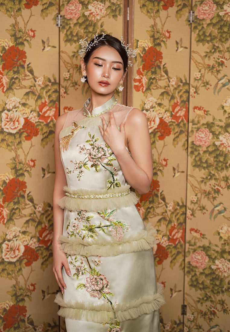 Lameira Cheongsam Dress -  Midi Tube Dress in Green (Pre-Order & Rent)