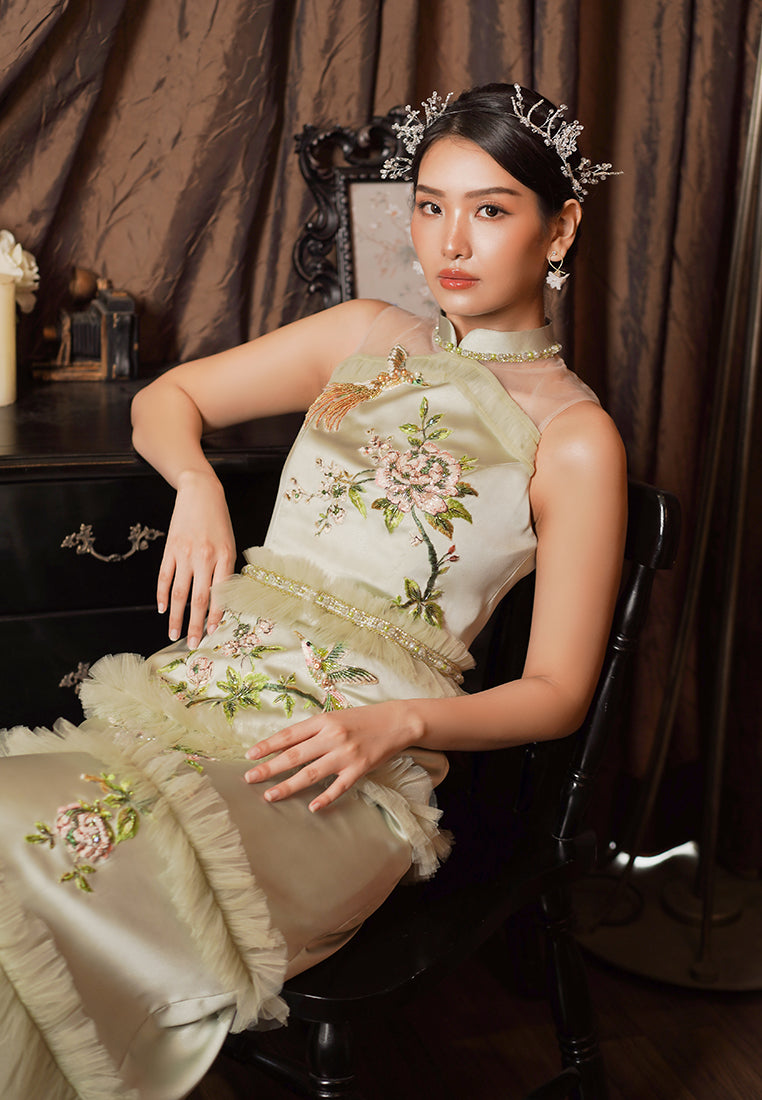 Lameira Cheongsam Dress -  Midi Tube Dress in Green (Pre-Order & Rent)