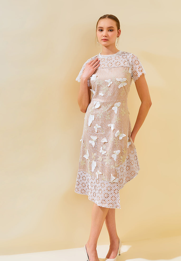 knee length asymmetrical dress Work Semi-Formal Dress White Asymmetrical Neck Fitted Knee-Length Dress -chiclody