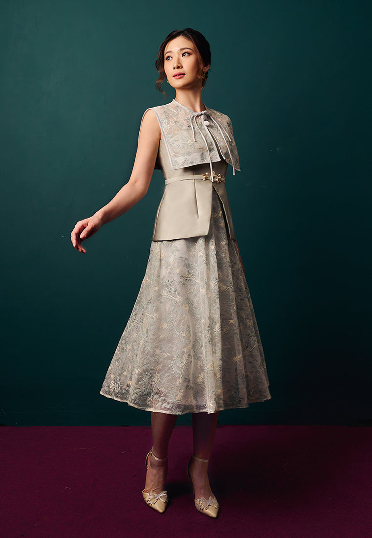 Olydia Cheongsam Dress – Duchess & Lace Midi Peplum Dress with Detachable Cape (Pre-Order)