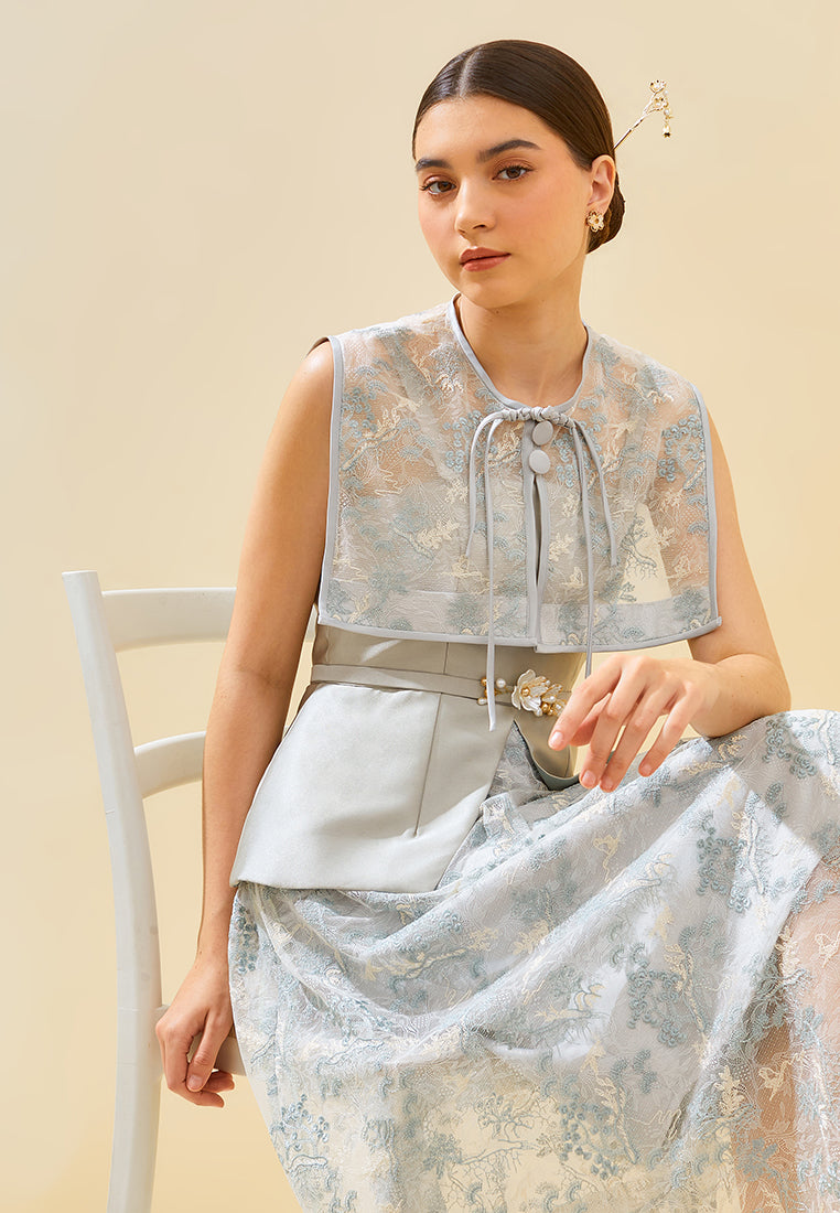 Olydia Cheongsam Dress – Duchess & Lace Midi Peplum Dress with Detachable Cape (Pre-Order)