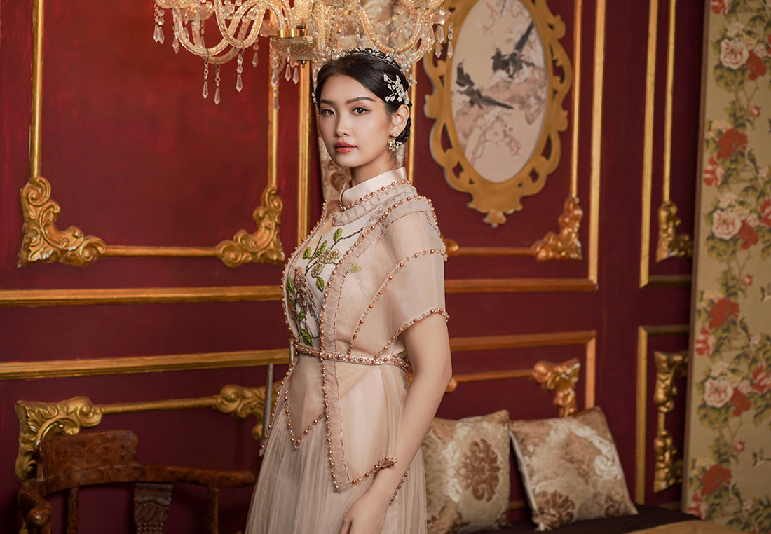 Tashley Cheongsam Dress – Midi Tube Dress in Beige (Pre-Order & Rent)