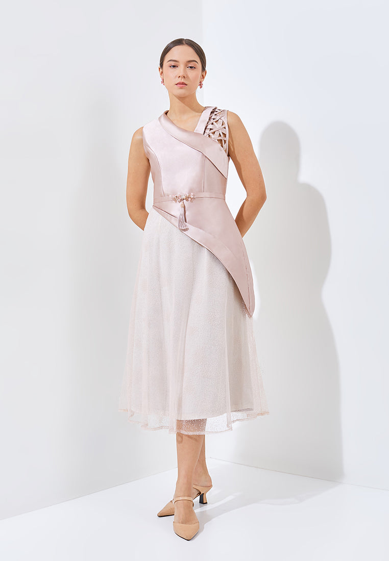 Yora Cheongsam Dress - Midi Asymmetric Neckline Dress (Pre-Order) ESYE Yora Cheongsam Dress - Midi Asymmetric Neckline Dress (Pre-Order) ESYE