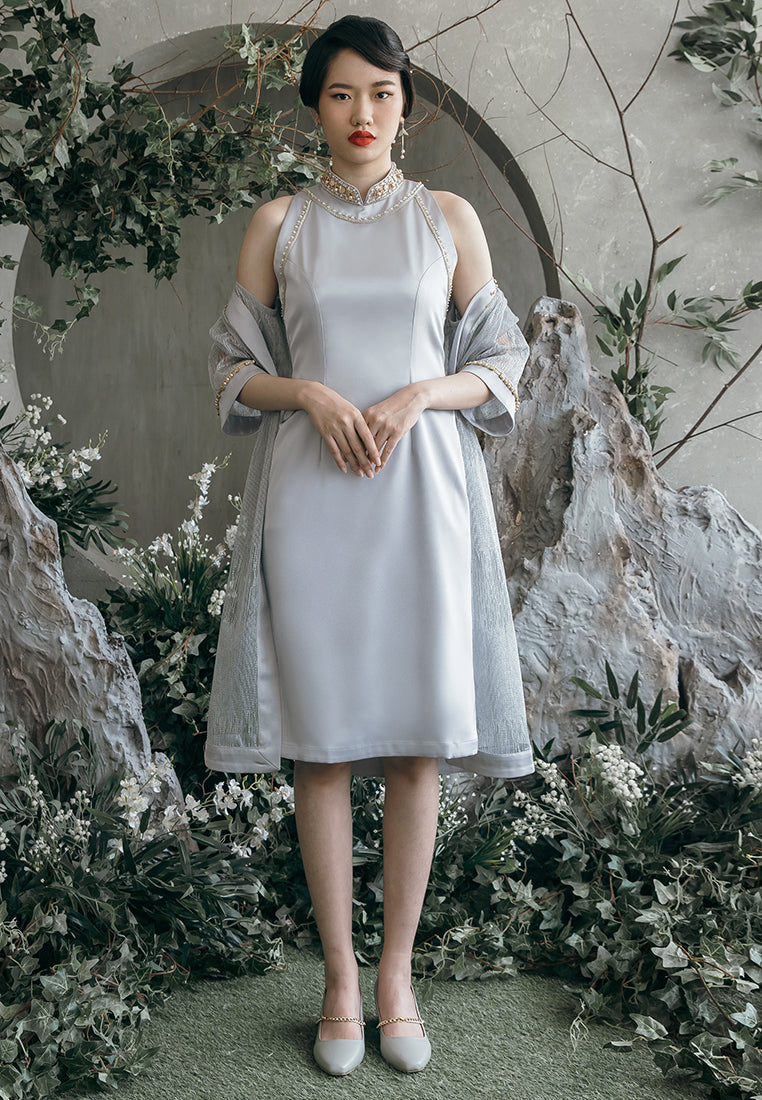 Elira Cheongsam Dress - Sleeveless Dress with Lace Outer in Grey (Pre-Order & Rent)