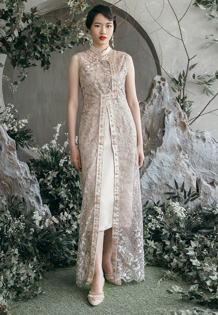 Theleysia Cheongsam Dress – Midi Shift Inner Dress in Champagne (Pre-Order & Rent)