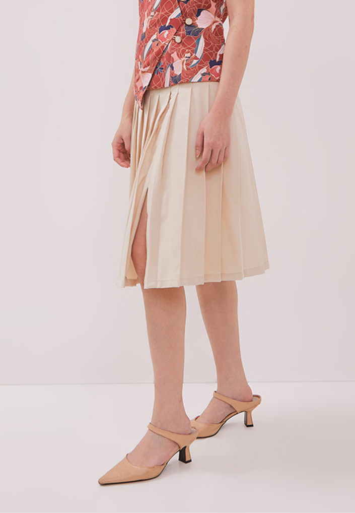 Marlow Skirt - Knee-Length Twill Beige Skirt