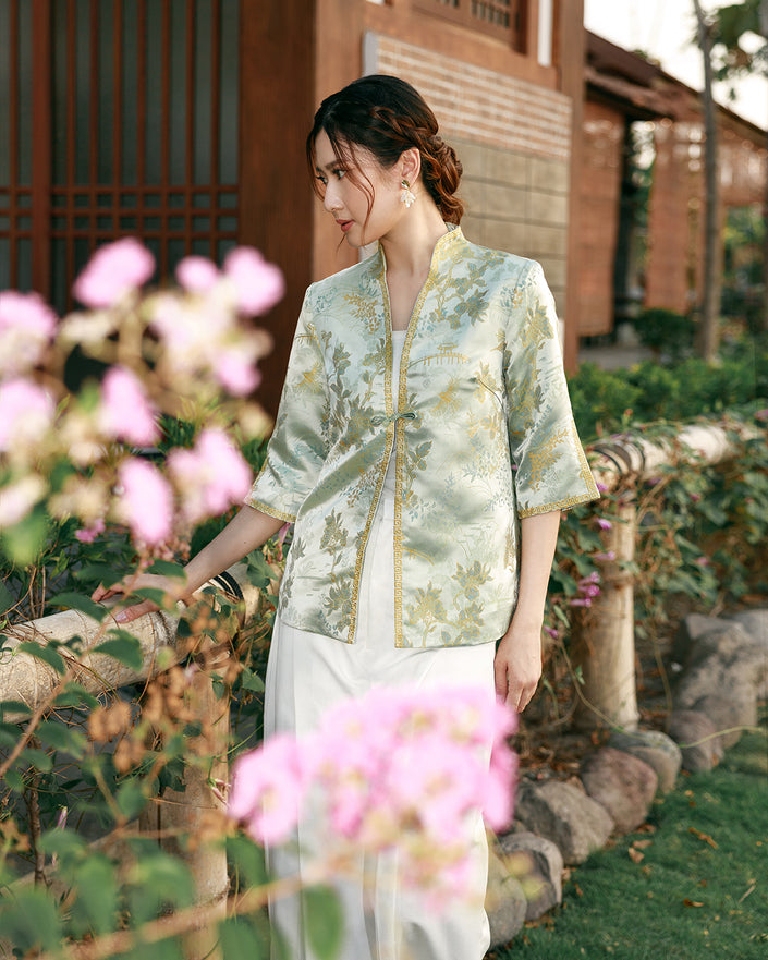 Aelin Cheongsam Outer - Embroidery Jacquard Green Outer (Pre-Order)