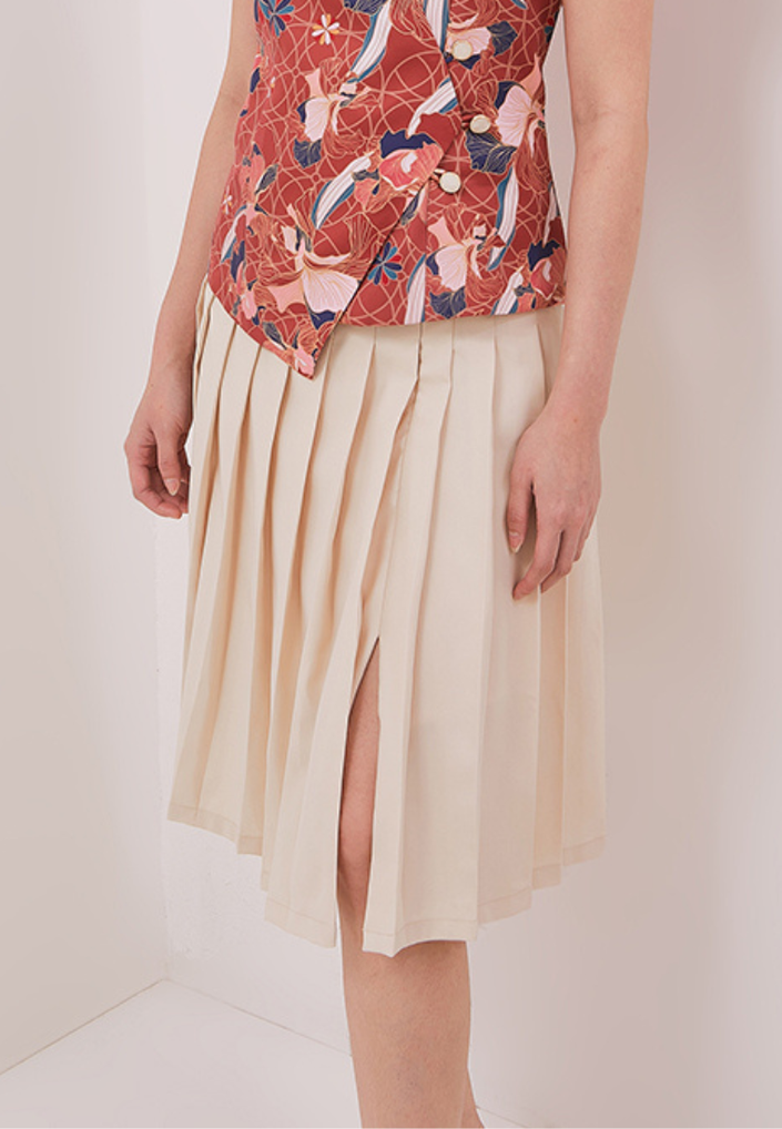 Marlow Skirt - Knee-Length Twill Beige Skirt