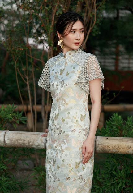 Oline Cheongsam Dress - Lace Shift Dress Silver