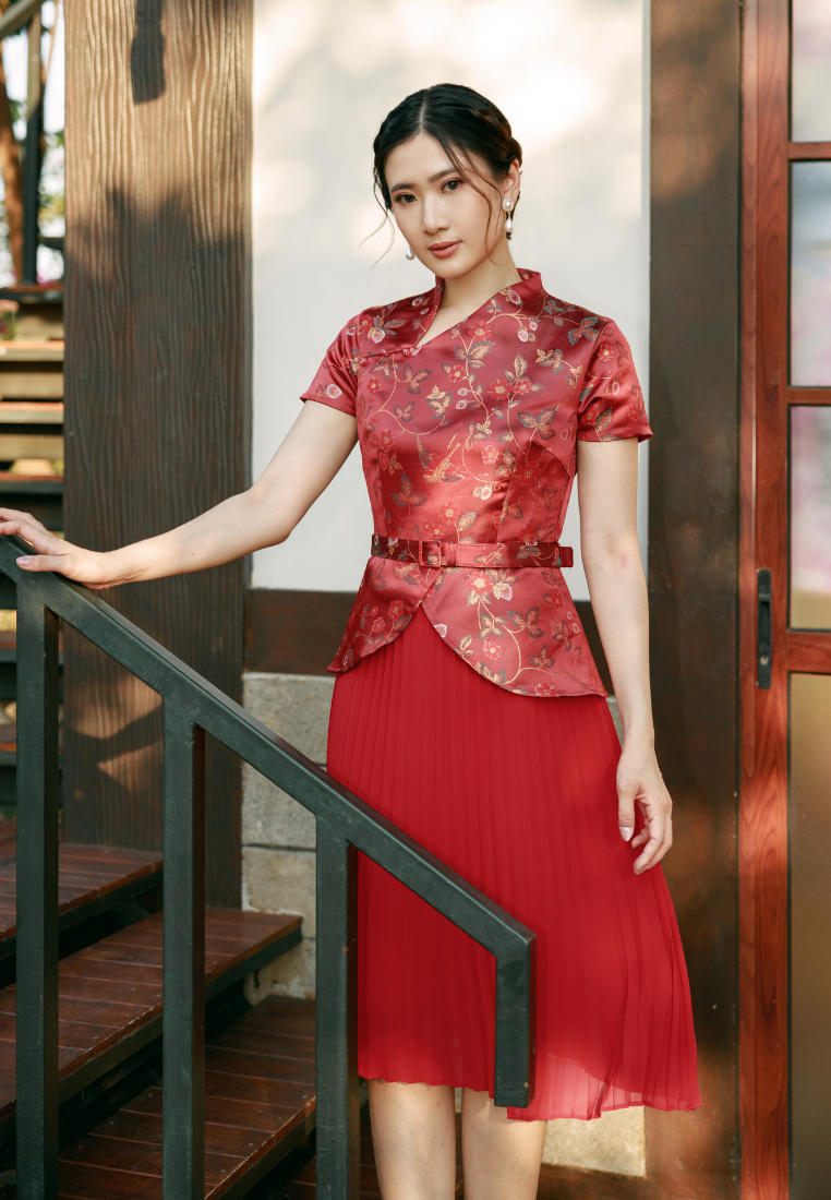 Mirelle Cheongsam Dress - Fit & Flared Midi Dress Red