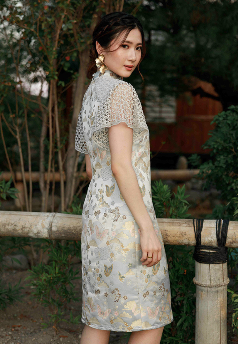 Oline Cheongsam Dress - Lace Shift Dress Silver