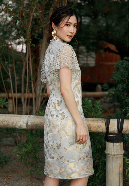 Oline Cheongsam Dress - Lace Shift Dress Silver