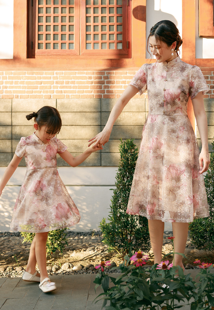 Little Liora Cheongsam Dress - Girls Fit & Flare Lace Dress Pink