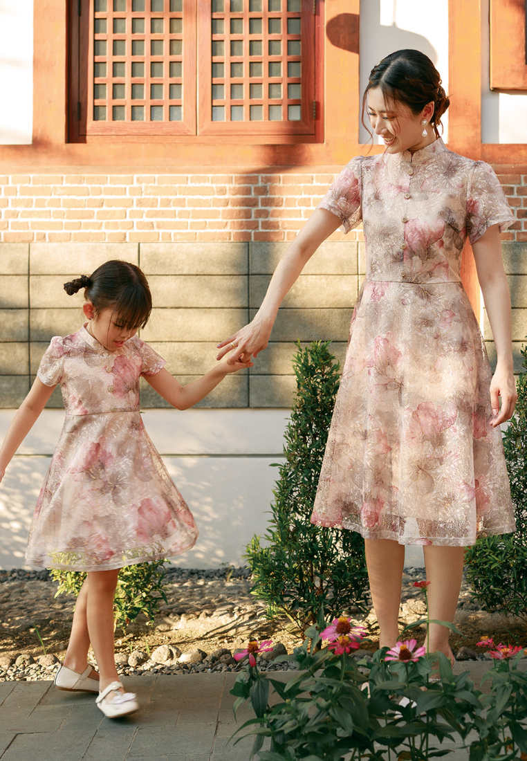 Little Liora Cheongsam Dress - Girls Fit & Flare Lace Dress Pink