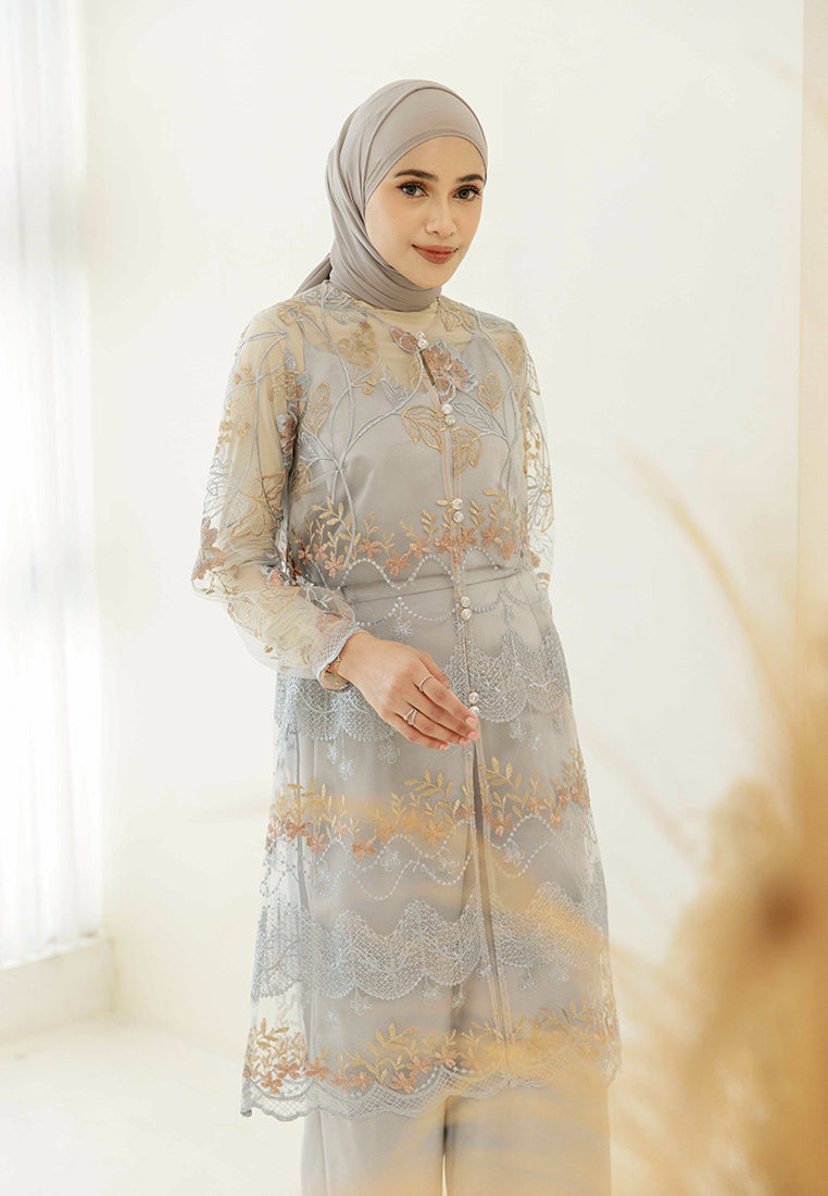 Amani Lace Outer – Elegant Midi Flared Lace Outerwear with Floral Ethnic Motif
