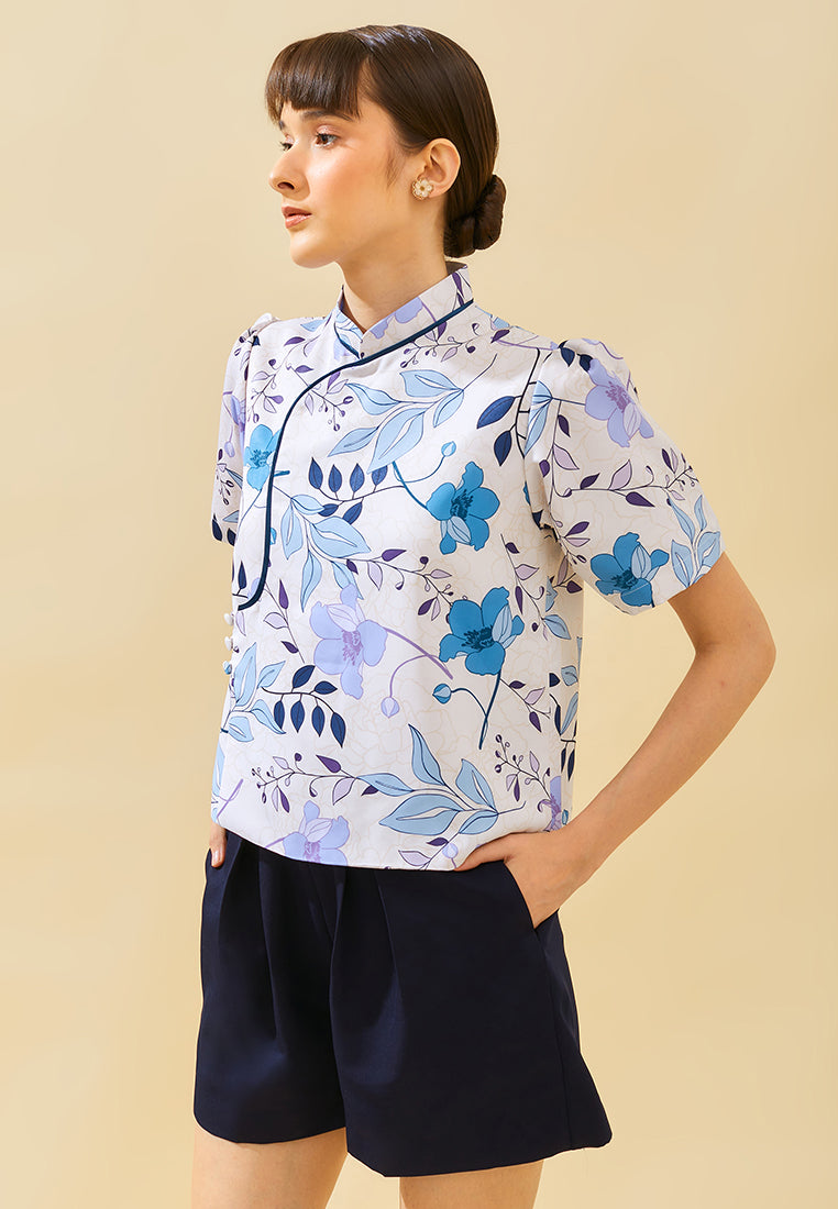 Aubrie Top – Printed Puff Sleeve Shirt with Crystal Leaf Button in Blue (Pre-Order)
