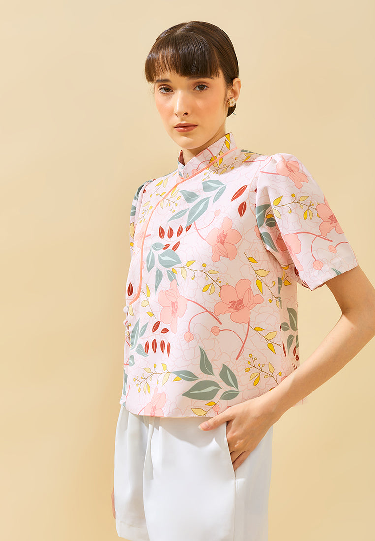 Aubrie Top – Printed Puff Sleeve Shirt with Crystal Leaf Button in Blue (Pre-Order)