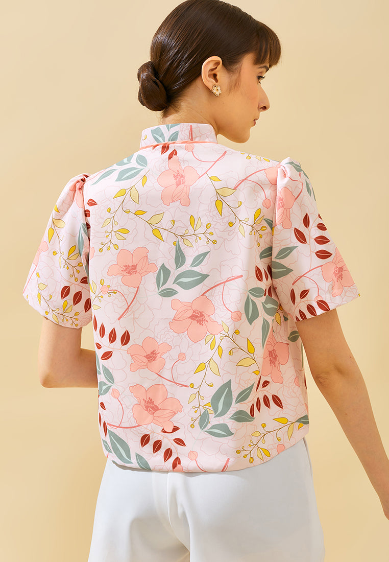 Aubrie Top – Printed Puff Sleeve Shirt with Crystal Leaf Button in Blue (Pre-Order)