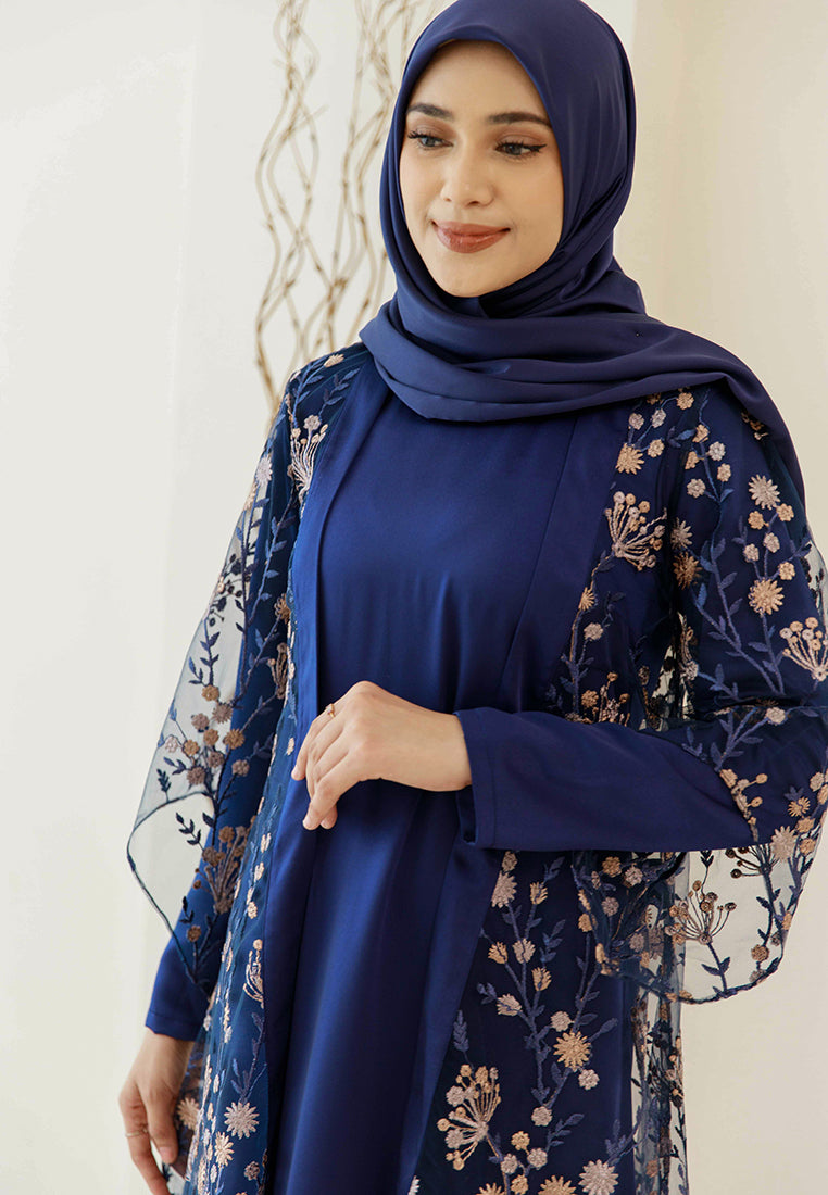 Briyana Lace Outer – Long Asymmetrical Floral Lace Outerwear in Grey, Blue & Navy