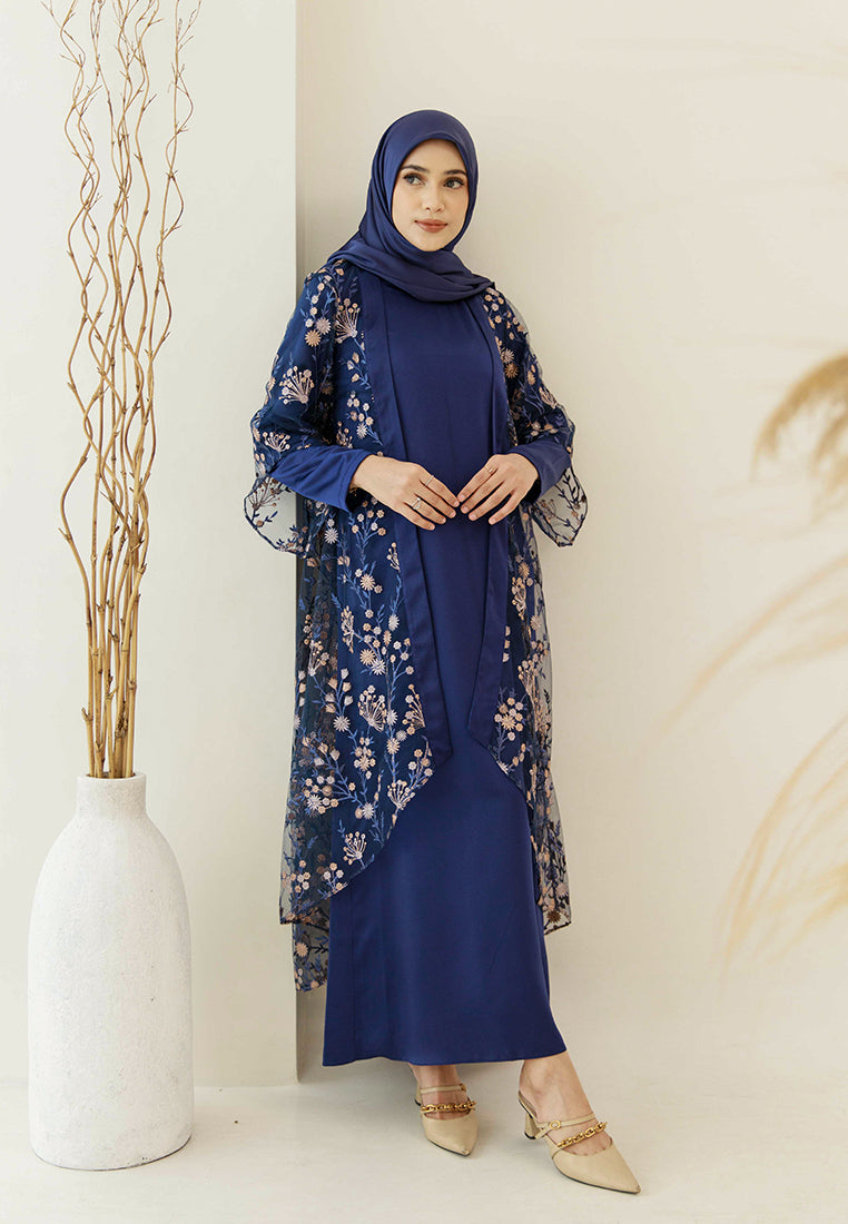 Briyana Lace Outer – Long Asymmetrical Floral Lace Outerwear in Grey, Blue & Navy