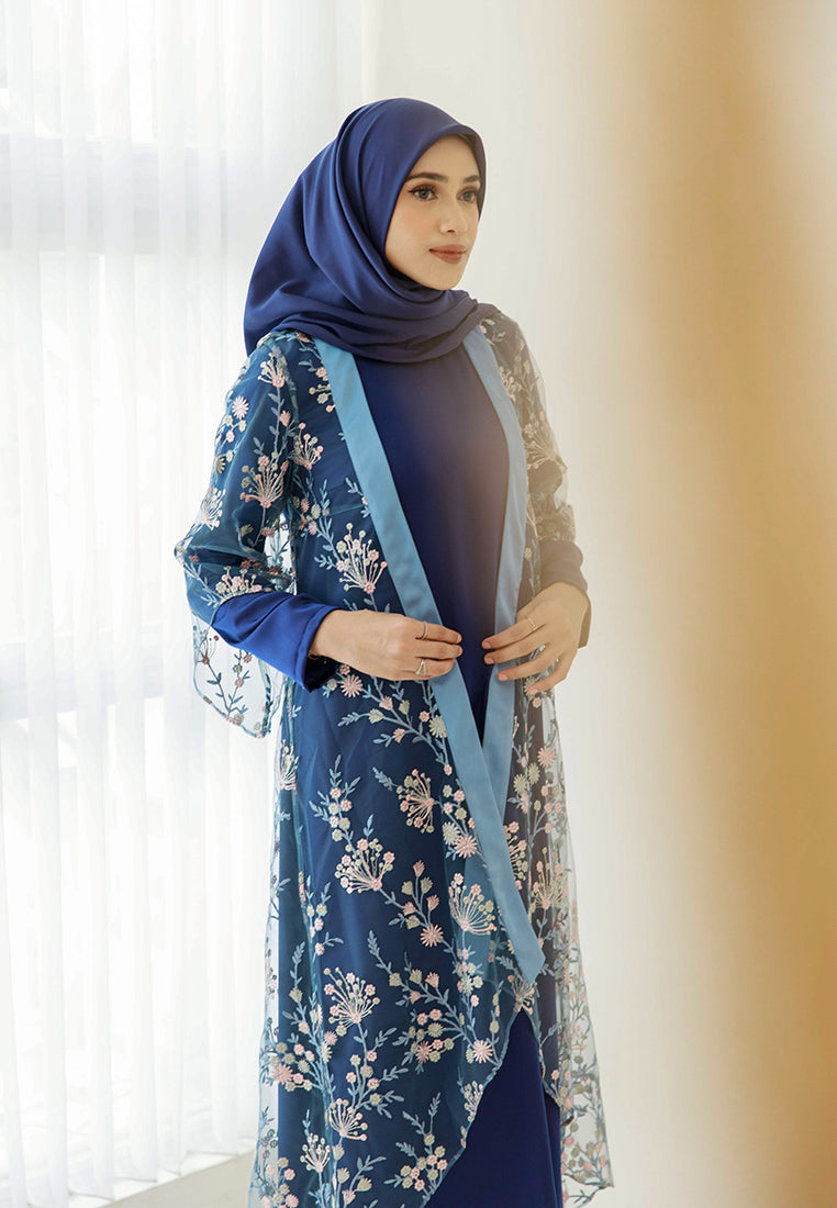 Briyana Lace Outer – Long Asymmetrical Floral Lace Outerwear in Grey, Blue & Navy