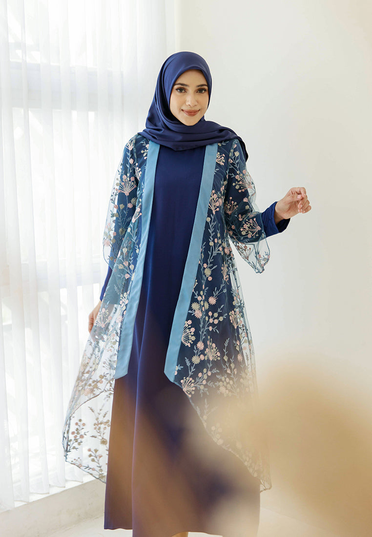 Briyana Lace Outer – Long Asymmetrical Floral Lace Outerwear in Grey, Blue & Navy