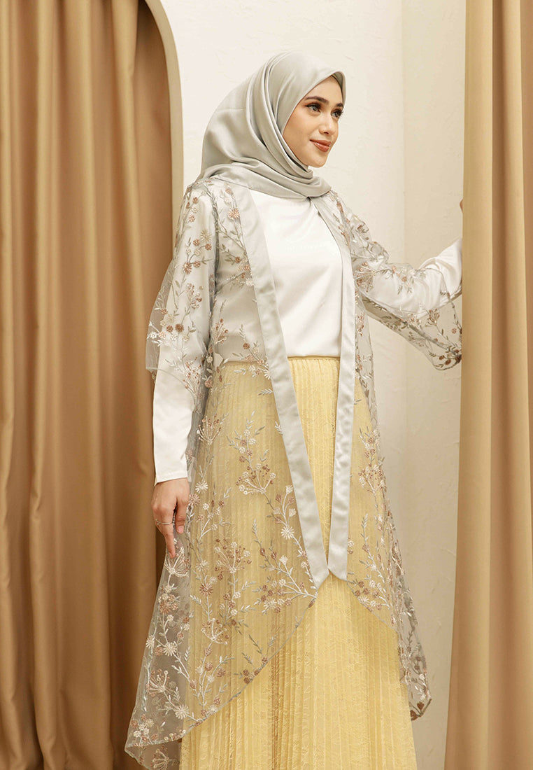 Briyana Lace Outer – Long Asymmetrical Floral Lace Outerwear in Grey, Blue & Navy