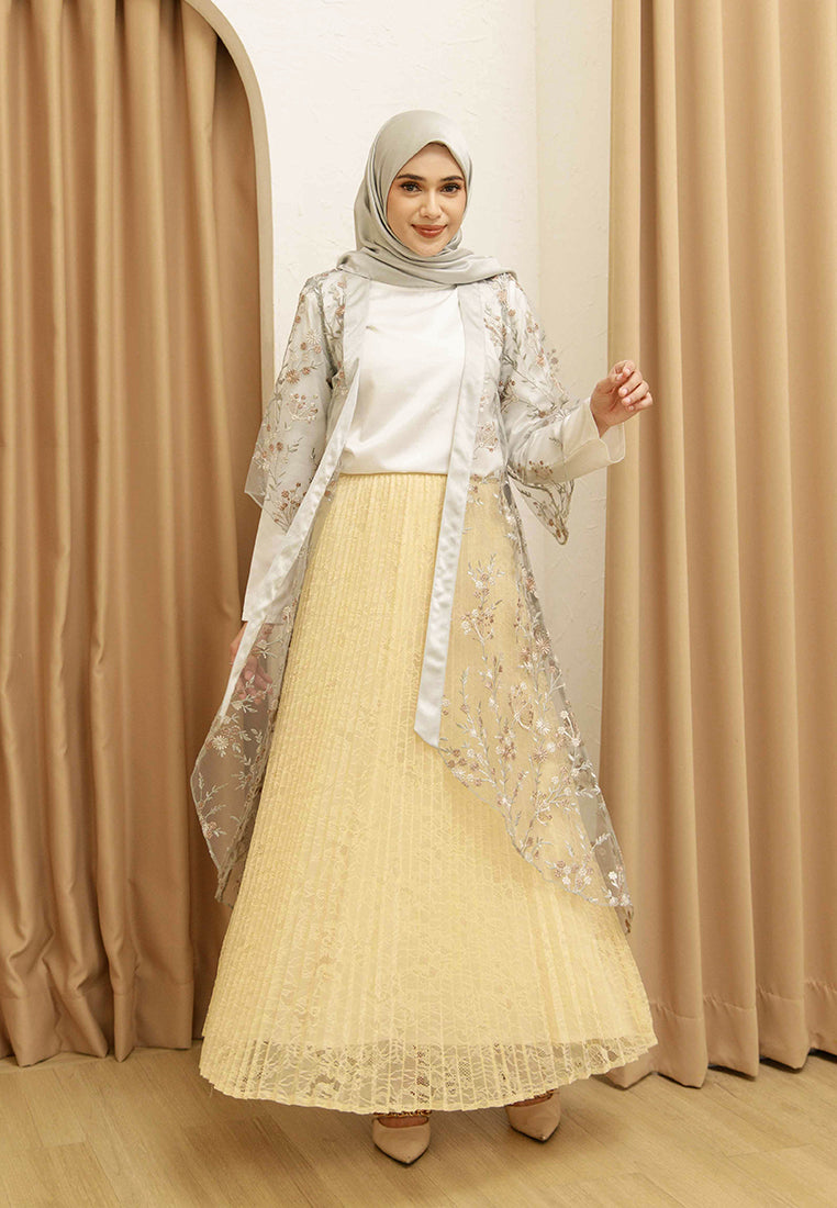 Briyana Lace Outer – Long Asymmetrical Floral Lace Outerwear in Grey, Blue & Navy