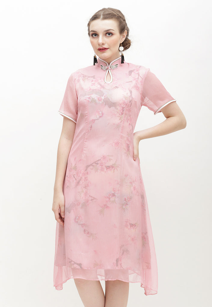 Cerci Cheongsam Dress - Sheer Organza Dress with Mandarin Collar