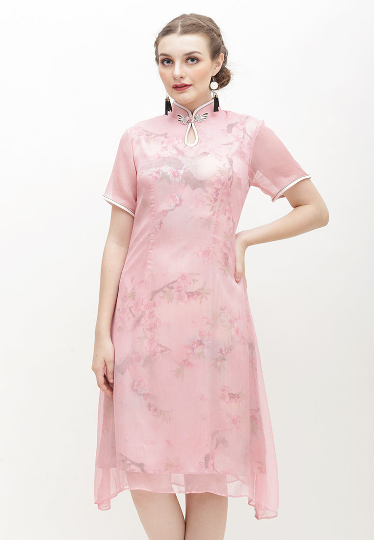 Cerci Cheongsam Dress - Sheer Organza Dress with Mandarin Collar