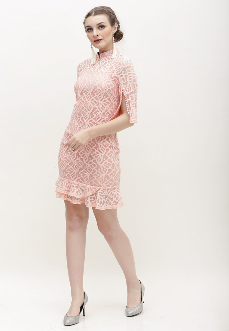 Charisa Cheongsam Dress - Lace Slit Dress with High Mandarin Collar