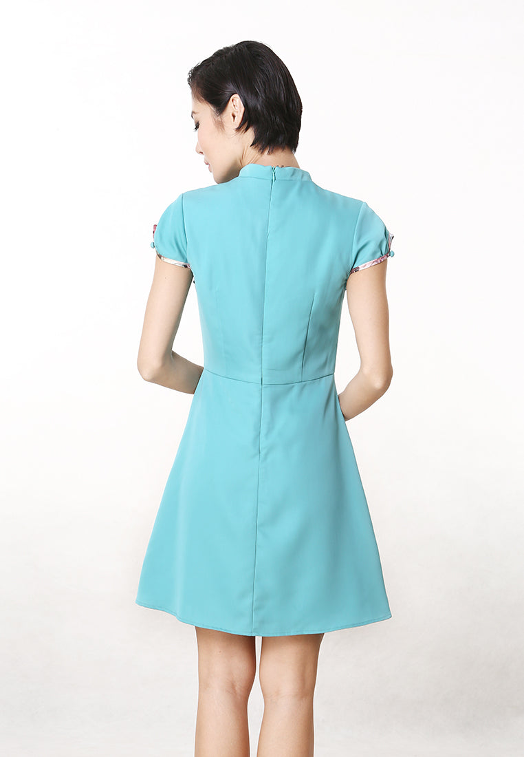 Claudia Cheongsam Dress - Floral Pleats Knee Dress