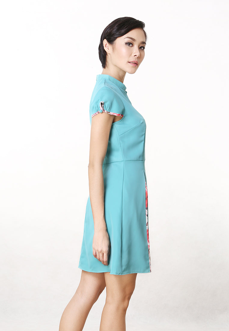 Claudia Cheongsam Dress - Floral Pleats Knee Dress