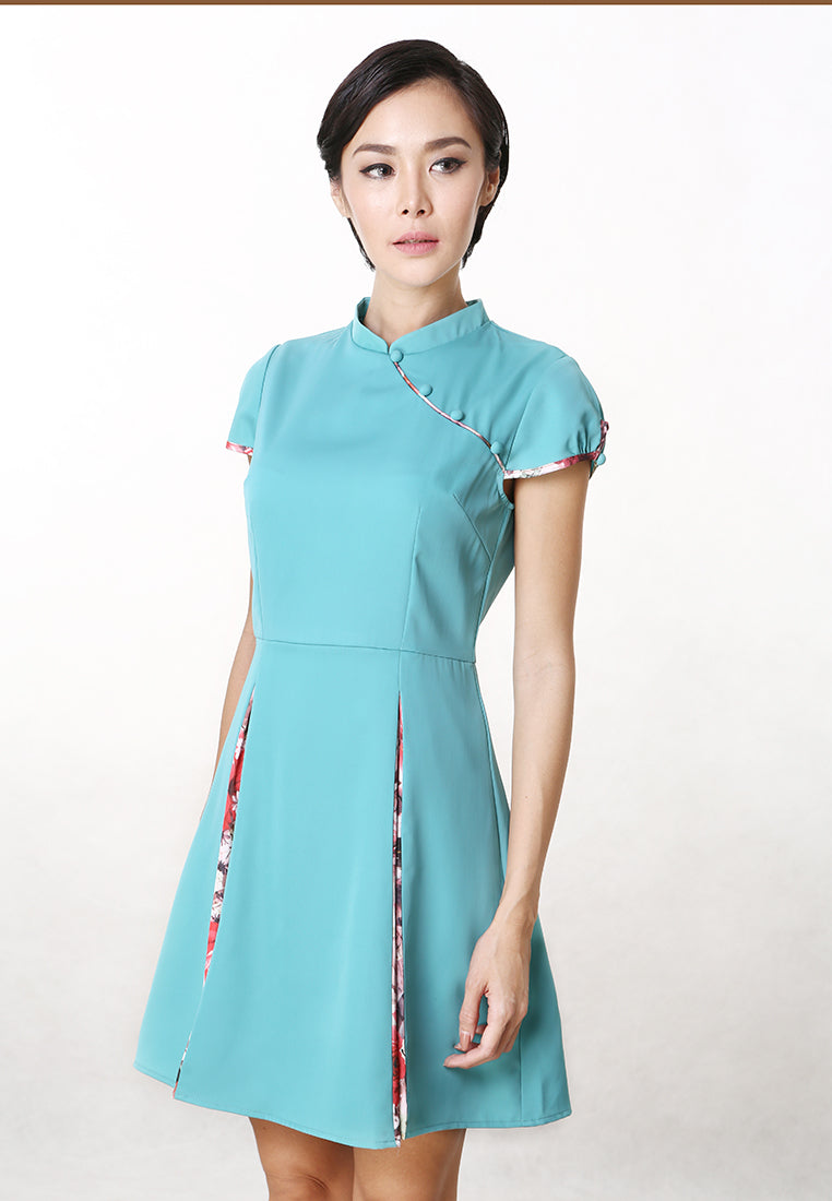 Claudia Cheongsam Dress - Floral Pleats Knee Dress