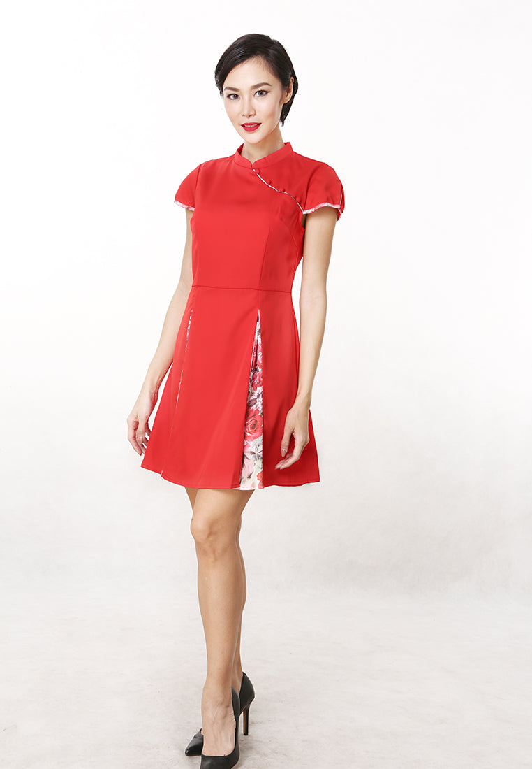 Claudia Cheongsam Dress - Floral Pleats Knee Dress