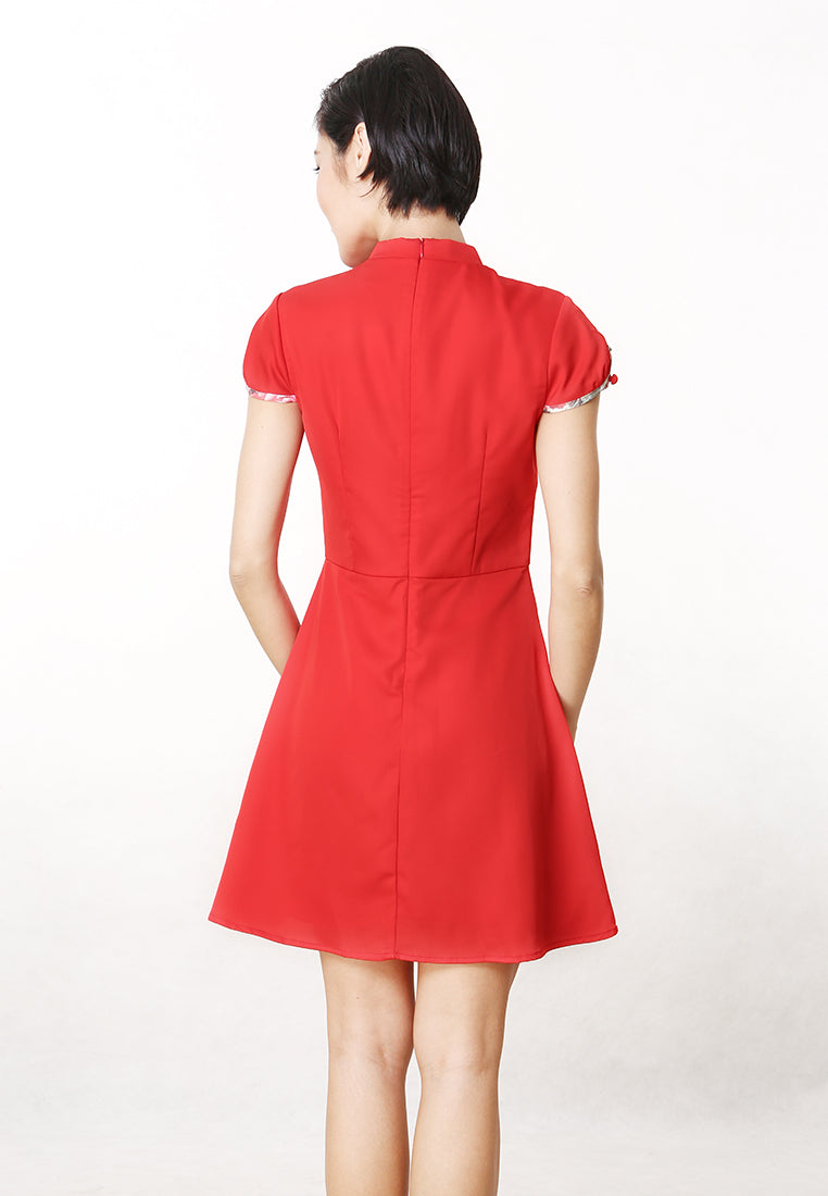 Claudia Cheongsam Dress - Floral Pleats Knee Dress