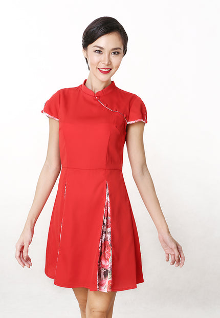 Claudia Cheongsam Dress - Floral Pleats Knee Dress