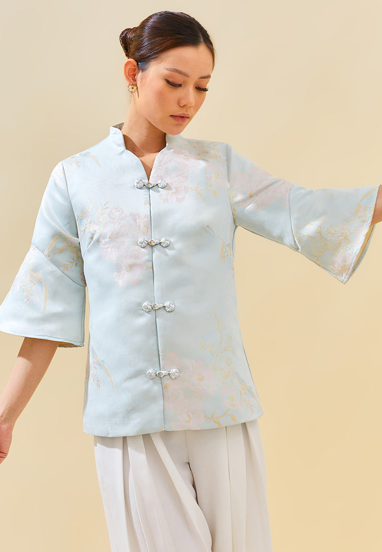Constine Outer – Jacquard Printed Cheongsam Button Outerwear in Pink & Blue