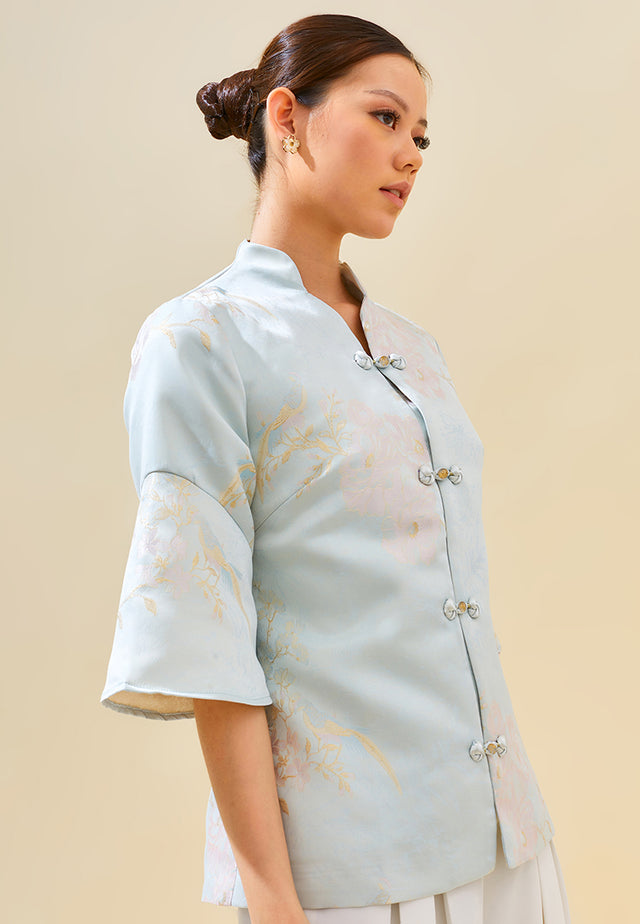 Constine Outer – Jacquard Printed Cheongsam Button Outerwear in Pink & Blue