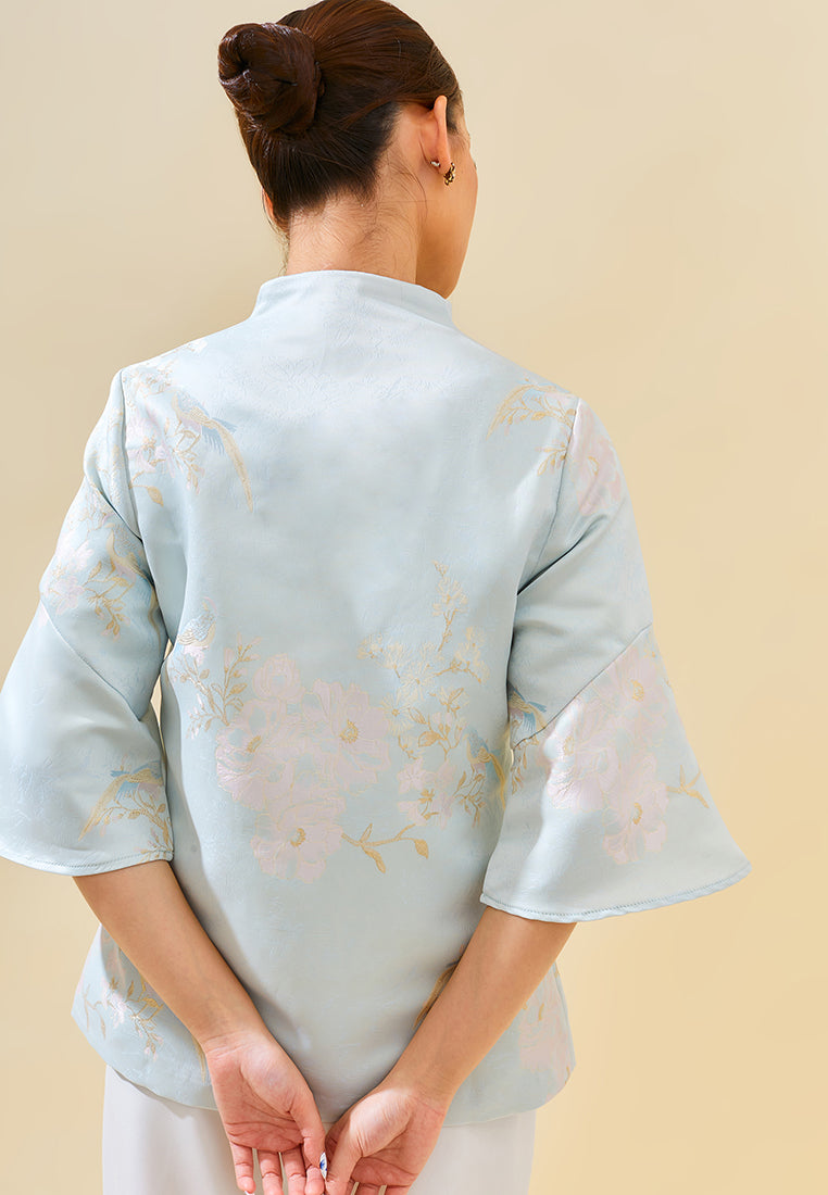 Constine Outer – Jacquard Printed Cheongsam Button Outerwear in Pink & Blue