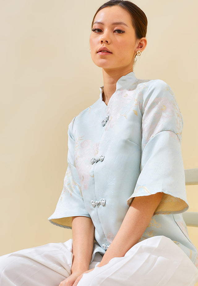 Constine Outer – Jacquard Printed Cheongsam Button Outerwear in Pink & Blue