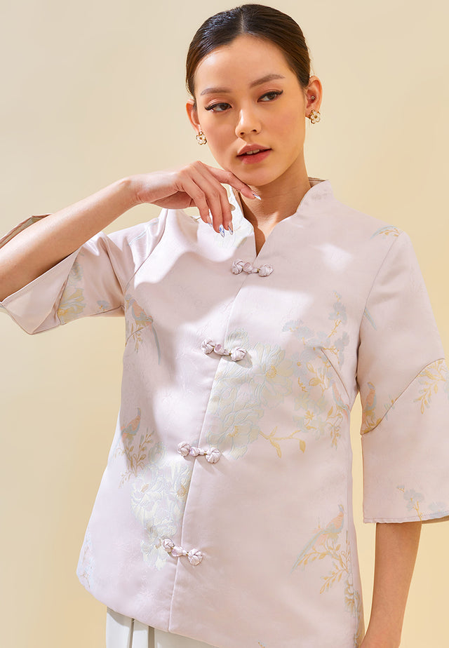 Constine Outer – Jacquard Printed Cheongsam Button Outerwear in Pink & Blue