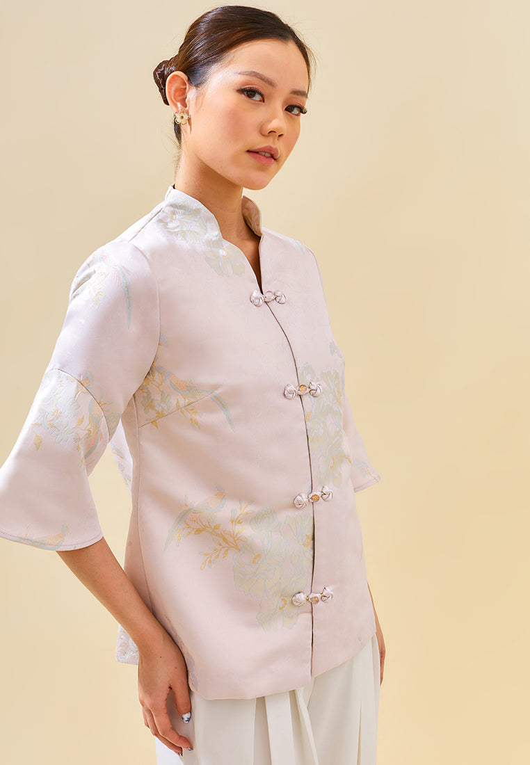 Constine Outer – Jacquard Printed Cheongsam Button Outerwear in Pink & Blue