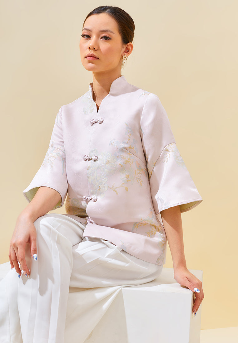 Constine Outer – Jacquard Printed Cheongsam Button Outerwear in Pink & Blue