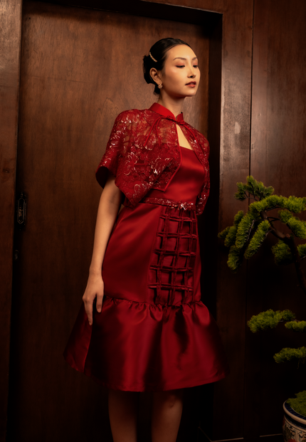 Rouna Cheongsam Dress - Midi Lace Cape Dress (Pre-Order)