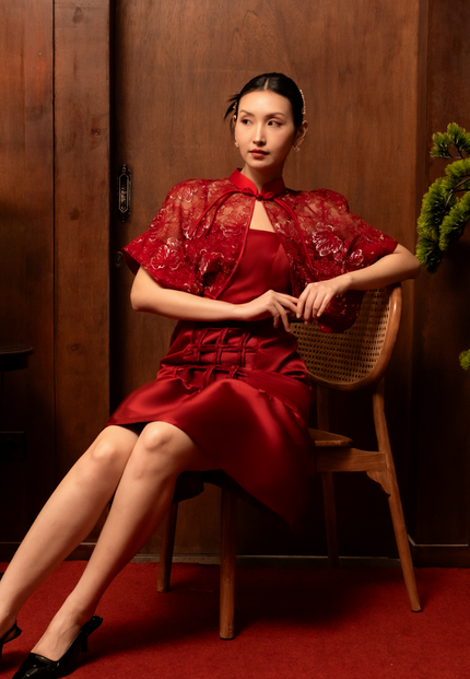 Rouna Cheongsam Dress - Midi Lace Cape Dress (Pre-Order)