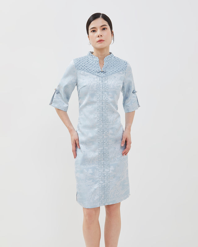 Emilia Cheongsam Dress - Midi Shift Jacquard Dress
