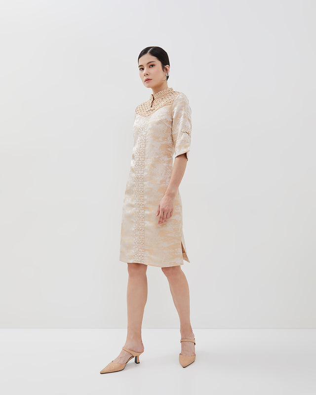 Emilia Cheongsam Dress - Midi Shift Jacquard Dress