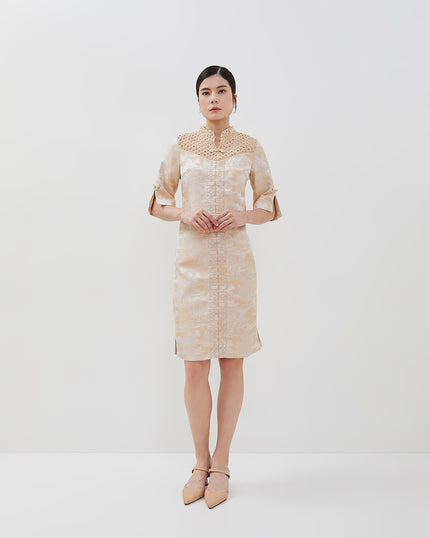 Emilia Cheongsam Dress - Midi Shift Jacquard Dress