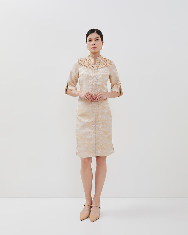 Emilia Cheongsam Dress - Midi Shift Jacquard Dress